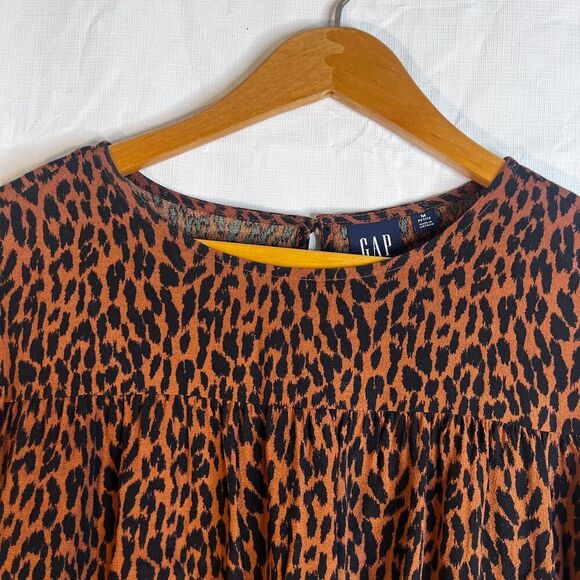 GAP Brown Black Animal Print Ruffled Aline Cropped Blouse Size Medium Petite - Picture 5 of 8